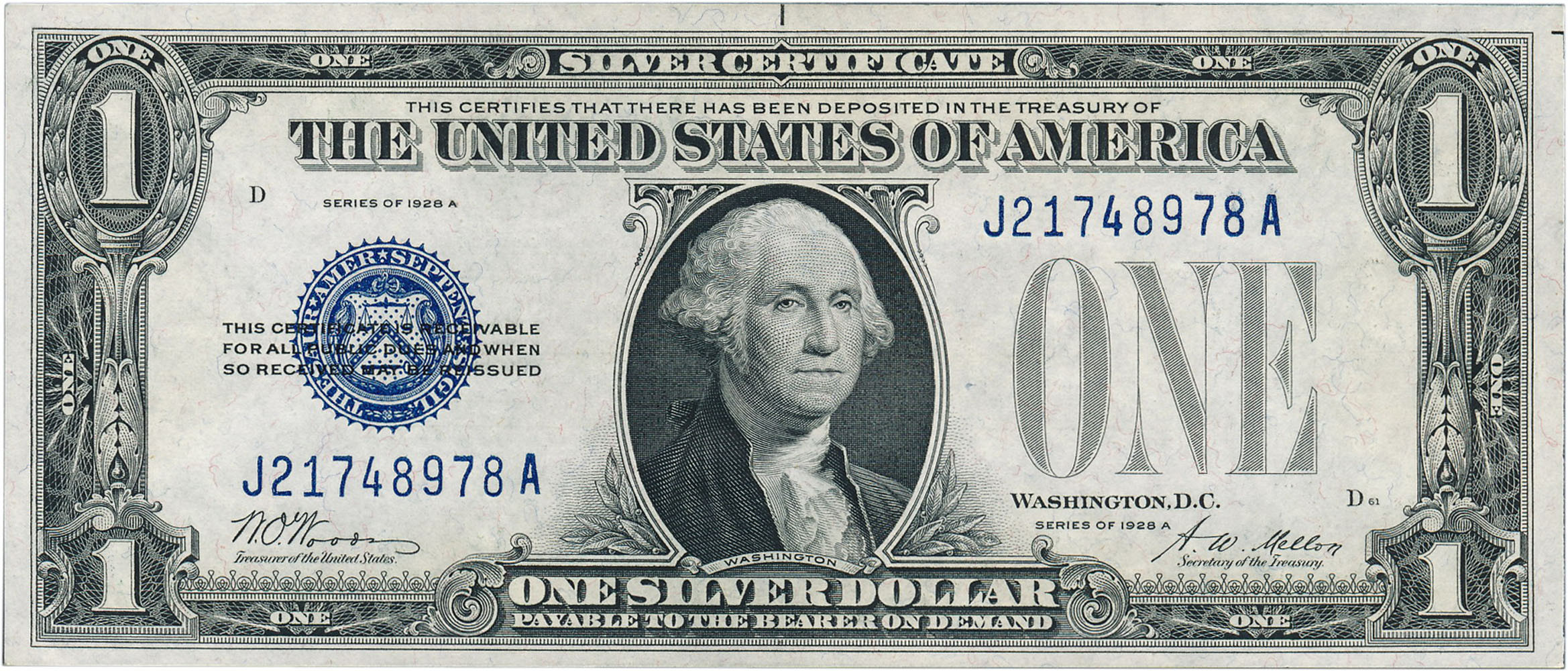 USA. 1 dolar 1928, seria JA, niebieska pieczęć